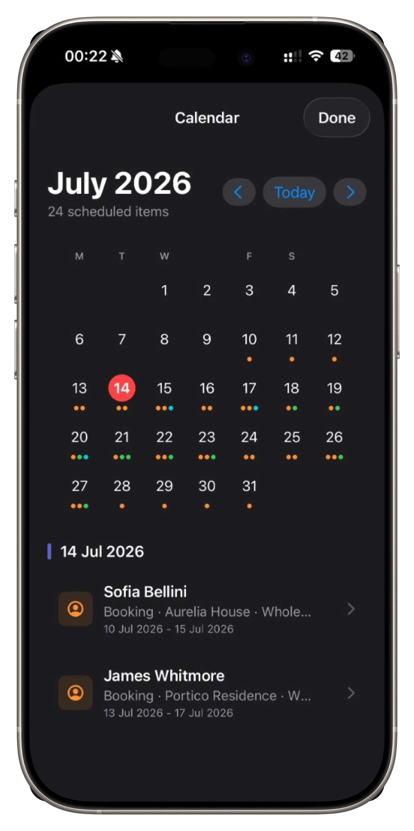 Calendar with scheduled bookings